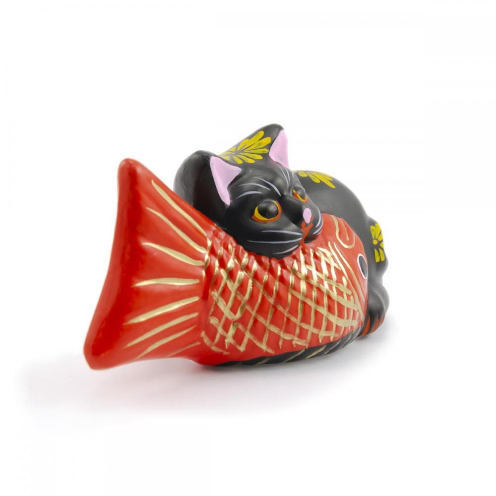 堤人形】つつみのおひなっこや- 鯛黒猫(大) 【和のインテリア 土人形