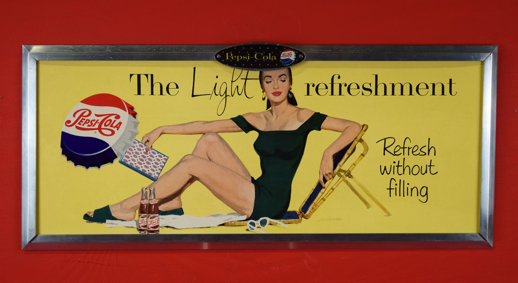 Pepsi Cola Metal Framed Cardboard Sign Light Refreshment