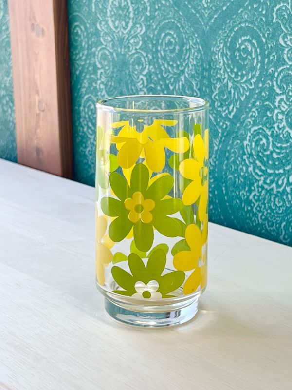 佐々木ガラス レトロポップ 大きめグラス グリーンイエロー 花柄 G962