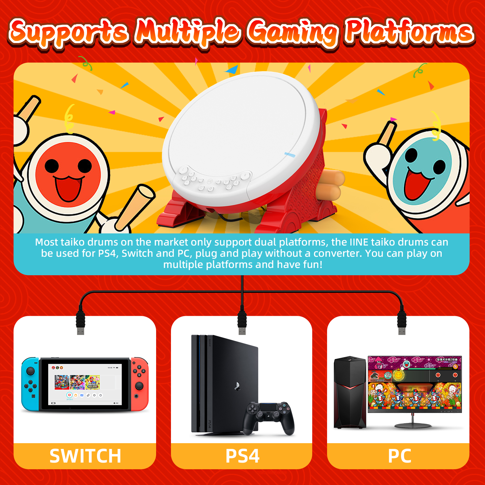 IINE Taiko Drum Master Compatible Nintendo Switch/Lite/OLED