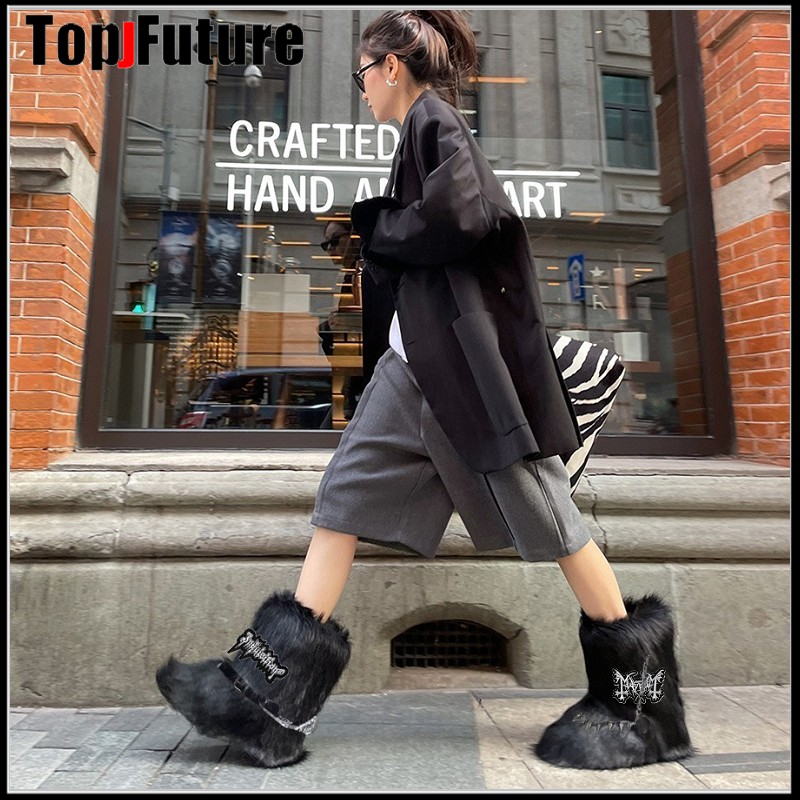 Y2K Girl Harajuku Gothic Flat Imitation Fluffy Fox Fur Boots
