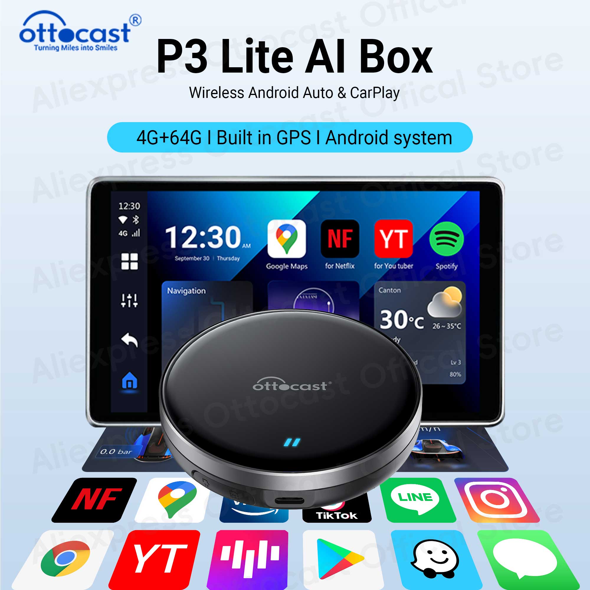 OTTOCAST OttoAiBox P3 Lite 4+64G Wireless Android AI Box CarPlay