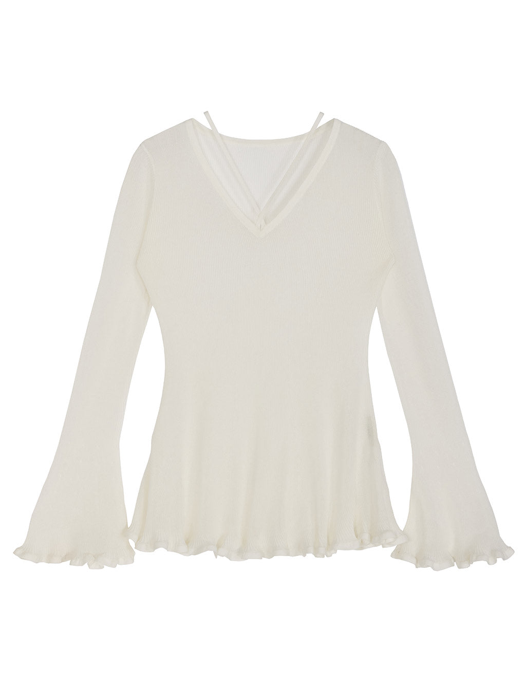 SHEER FRILL V NECK KNIT TOP