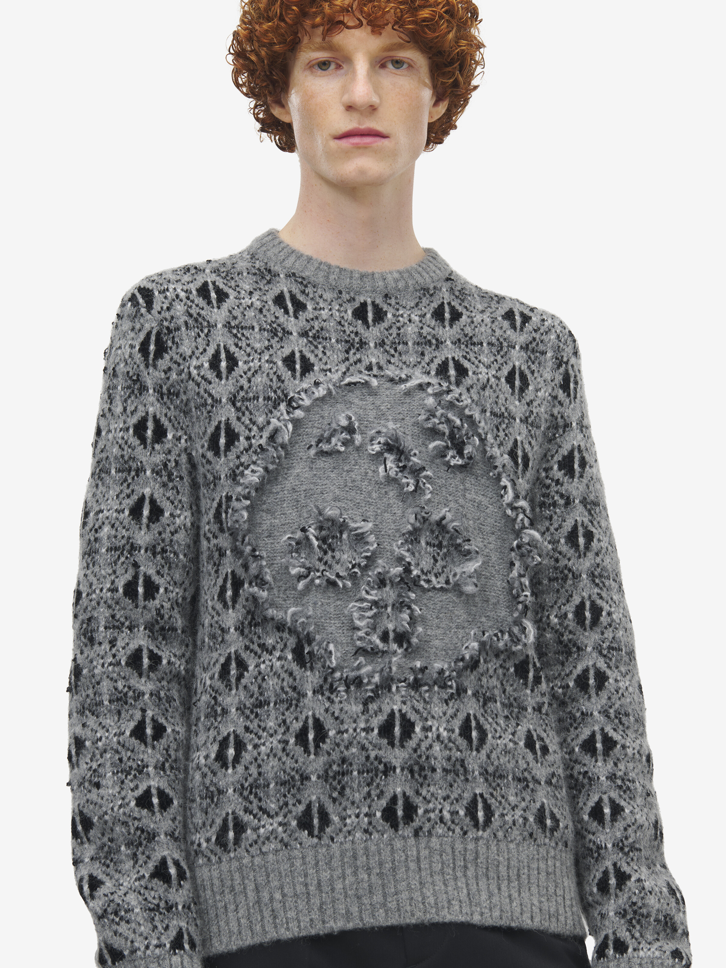 Men's Distressed Skull Fair Isle Jumper in Grey Melange | McQueen US