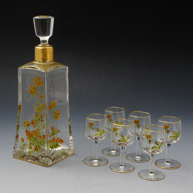 オールドバカラ「エナメル装飾 草花文 リキュールセット（ボトル