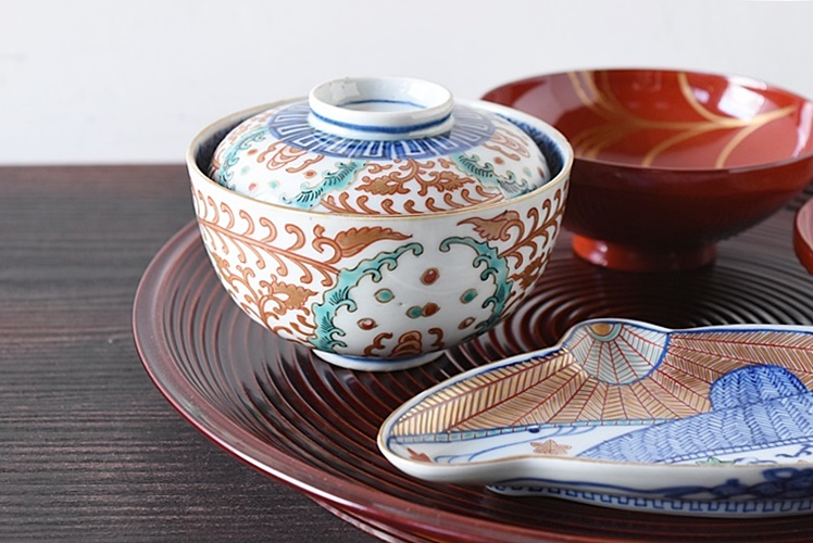 江戸後期 古伊万里 蛸唐草蓋茶碗4客 身口径約10.5㎝東Y7-1208③タサチ