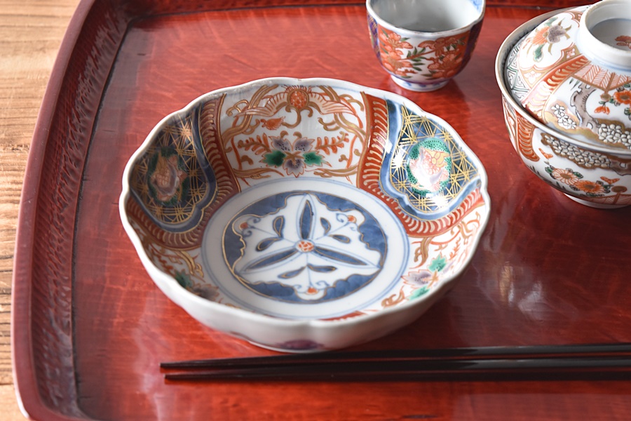 錦手金彩色絵 花唐草 龍 鳳凰 なます皿 5客 伊万里 時代