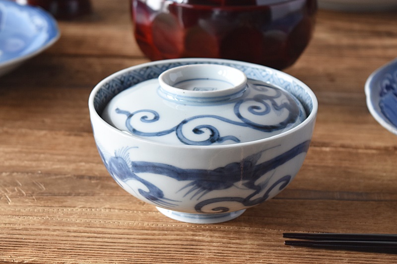 古伊万里手描き江戸期江戸時代幕末骨董品龍の図蓋付き飯碗5客
