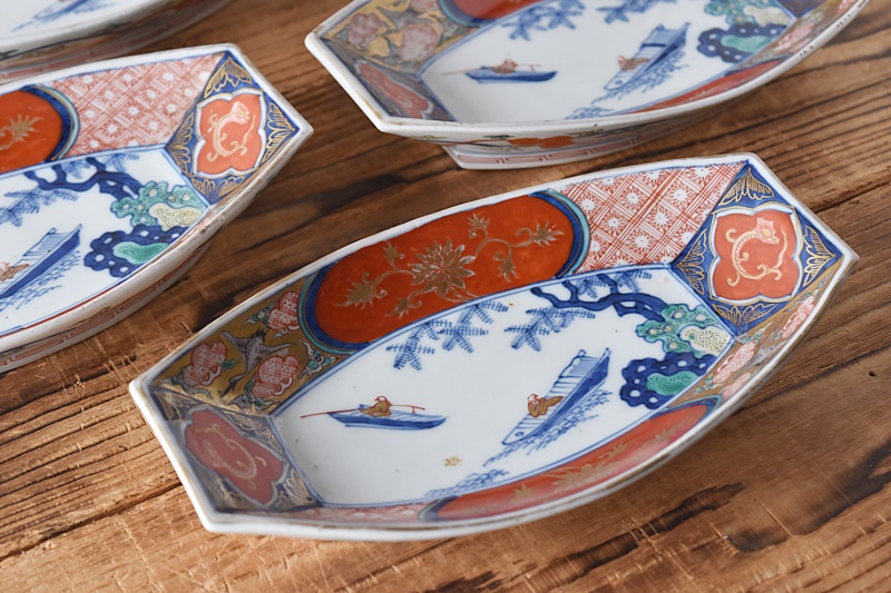 伊万里 色絵 赤絵 船に釣り人 冨貴長春 舟皿 変形長皿 5客セット