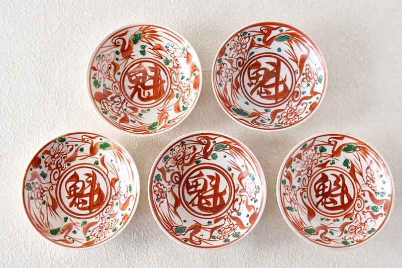 九谷 呉須赤絵花鳥魁字 角福文 5.5寸皿 5枚セット その二 - 生活骨董と