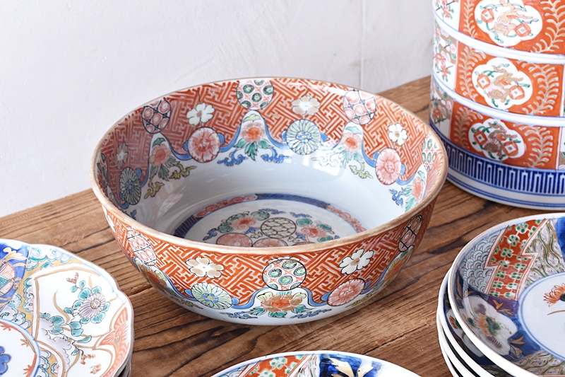 伊万里 色絵 赤絵 花と丸文 雷門繋ぎ 鉢 - 生活骨董と古布の