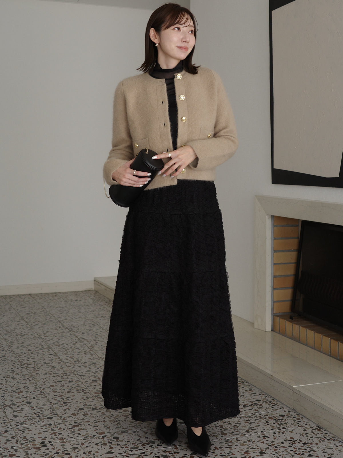 カシミヤブレンドノーカラーニットジャケット