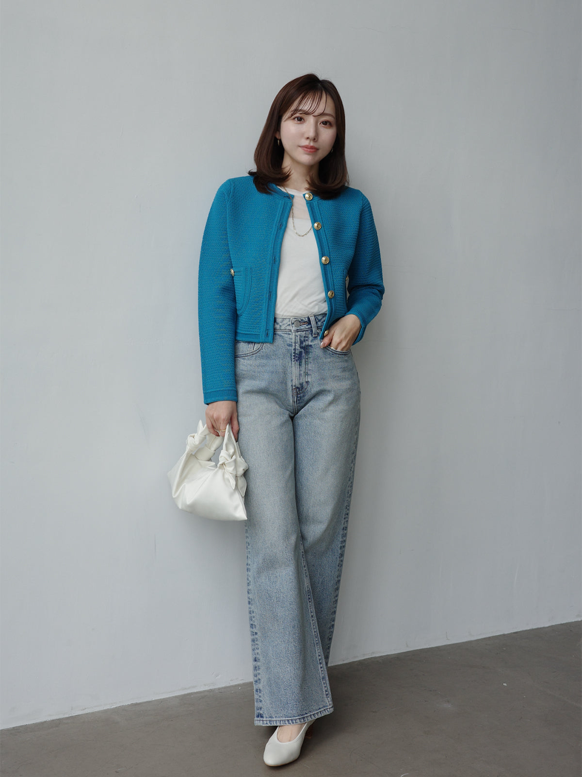 ノーカラーラーベンニットジャケット