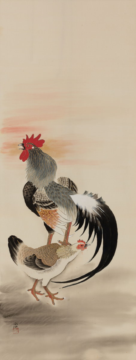 江戸屋の原画 掛軸 1350x415mm E770 鶏 立ち姿図 嶋田家蔵 江戸屋の