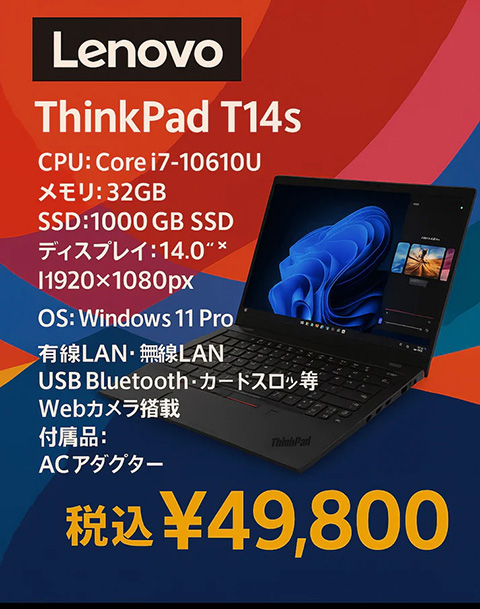 第10世代Core i7+32GBメモリ搭載「ThinkPad T14s」が49,800円、中古品