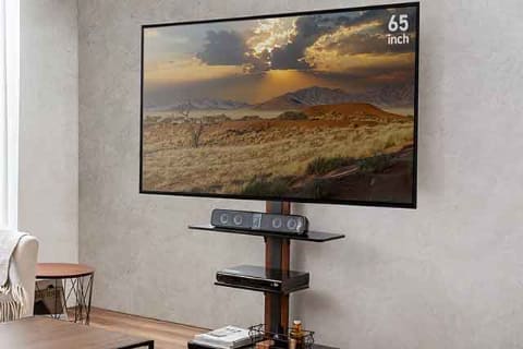 65型まで対応の壁寄せTVスタンド。サウンドバーの棚板付き - AV Watch