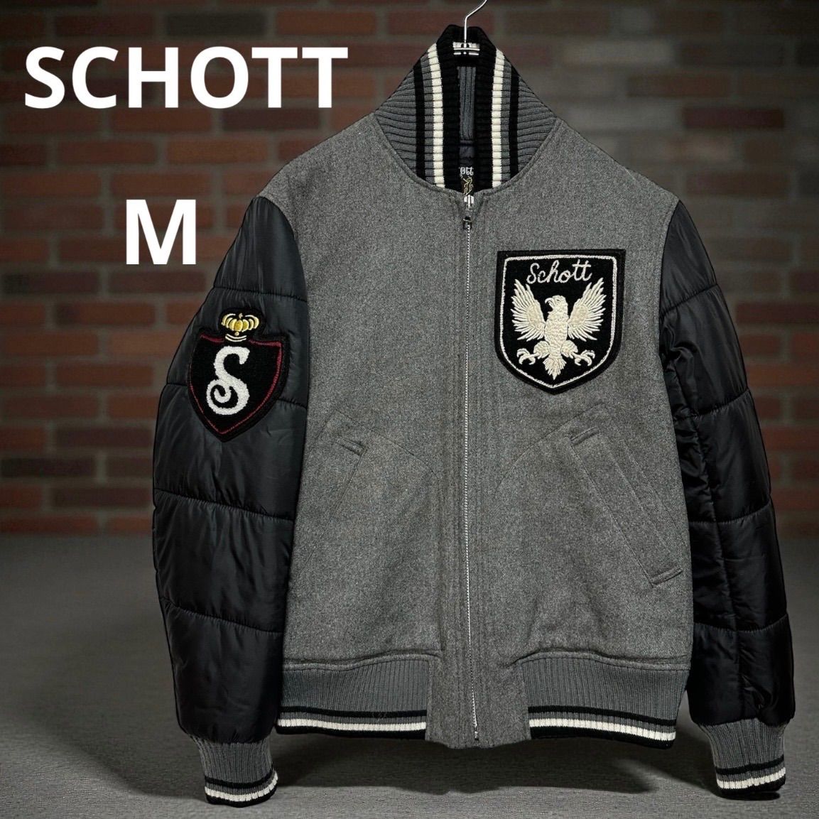 SCHOTT ショット スタジャン M グレー×ブラック 切替 メルトン