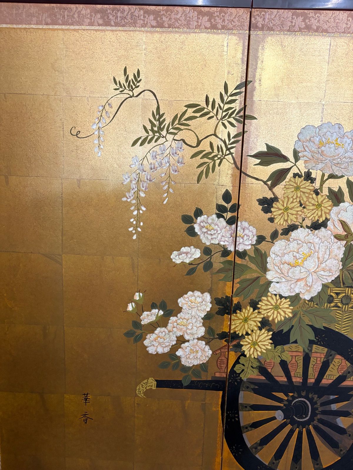 金屏風 六曲屏風 花車図（花柄・和風インテリア） - メルカリ