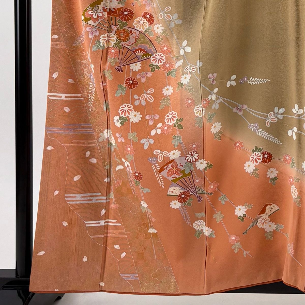 訪問着 身丈158cm 裄丈64cm M 袷 扇 草花 金銀彩 染め分け 薄オレンジ