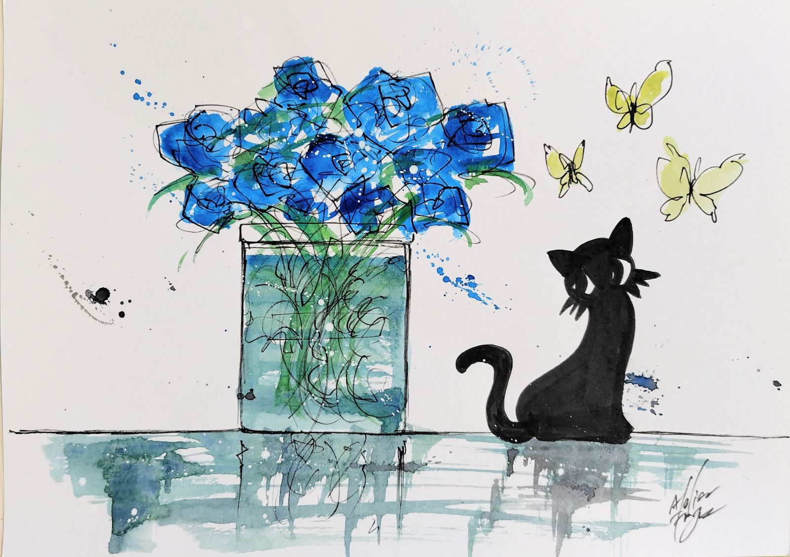 原画#382 黒猫 猫 薔薇 花 蝶 水彩画 ドローイング イラスト 絵 アート