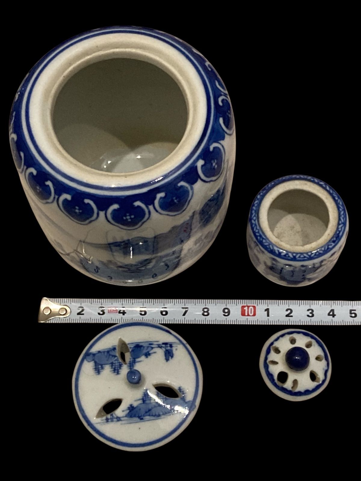 香炉 山水 賢人 4つセット 染付 そめつけ 技法 絵柄 中国風 陶磁器