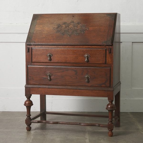 英国 アンティーク ライティング ビューロー 木彫刻 オーク 無垢材