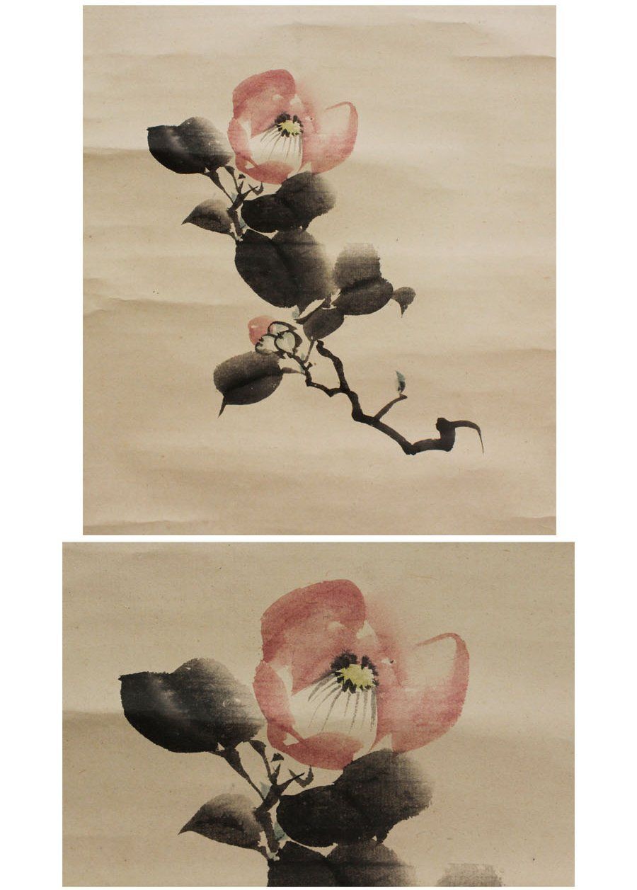 真作】幸野楳嶺/梅椿図/早春/花図/掛軸/名家伝来/AD-747 真