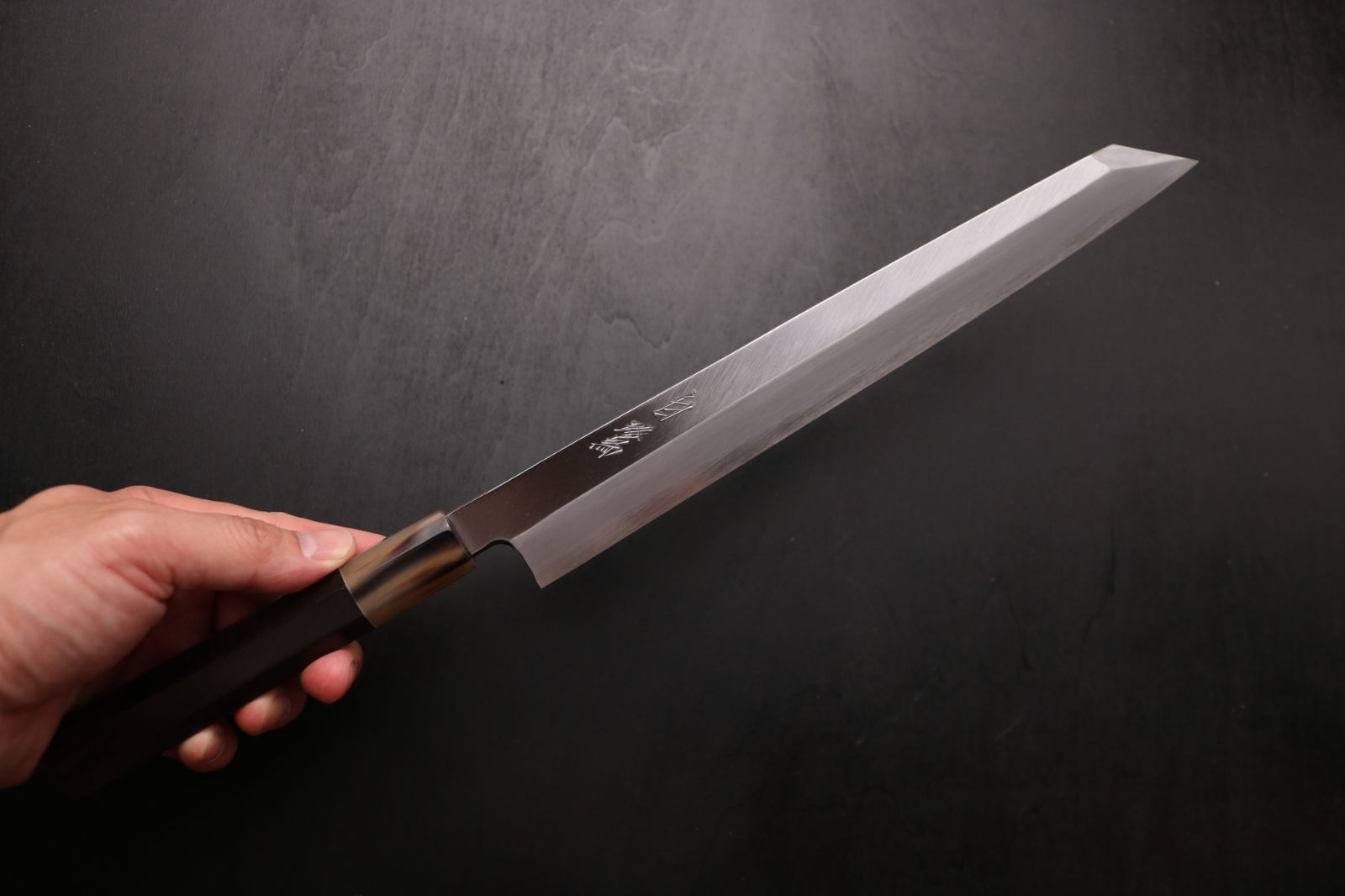 森本光一作 左用 刺身 切付 青鋼 紋鍛錬 尺 紫檀白水牛八角柄 森本光一