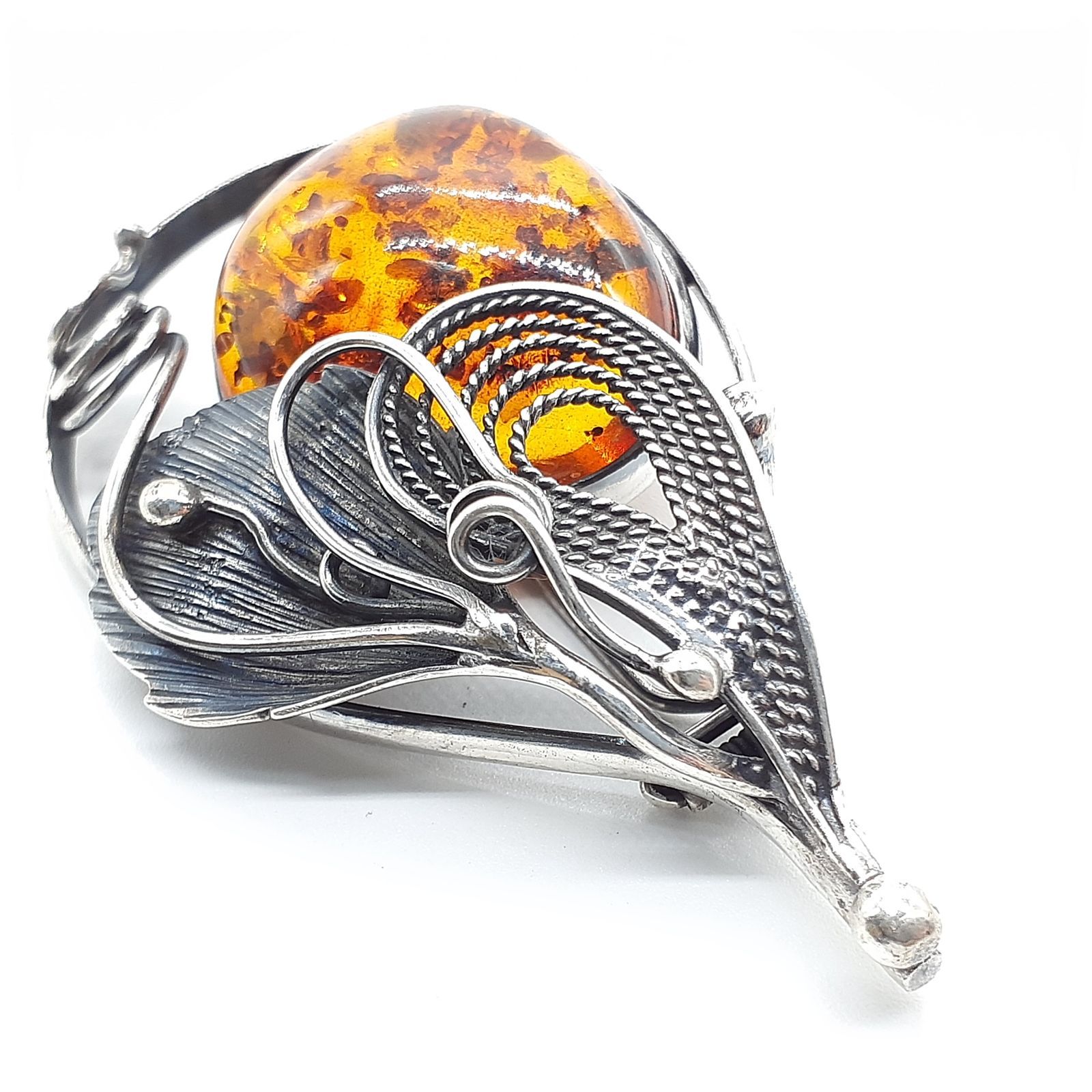 ブローチ SILVER 925 シルバー 琥珀 コハク アンバー ポーランド