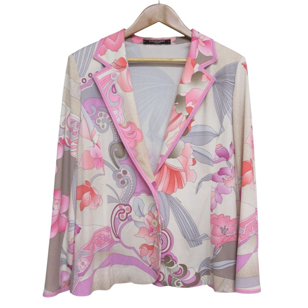 レオナール カーディガン はおり 総柄 花柄 トリム マルチカラー