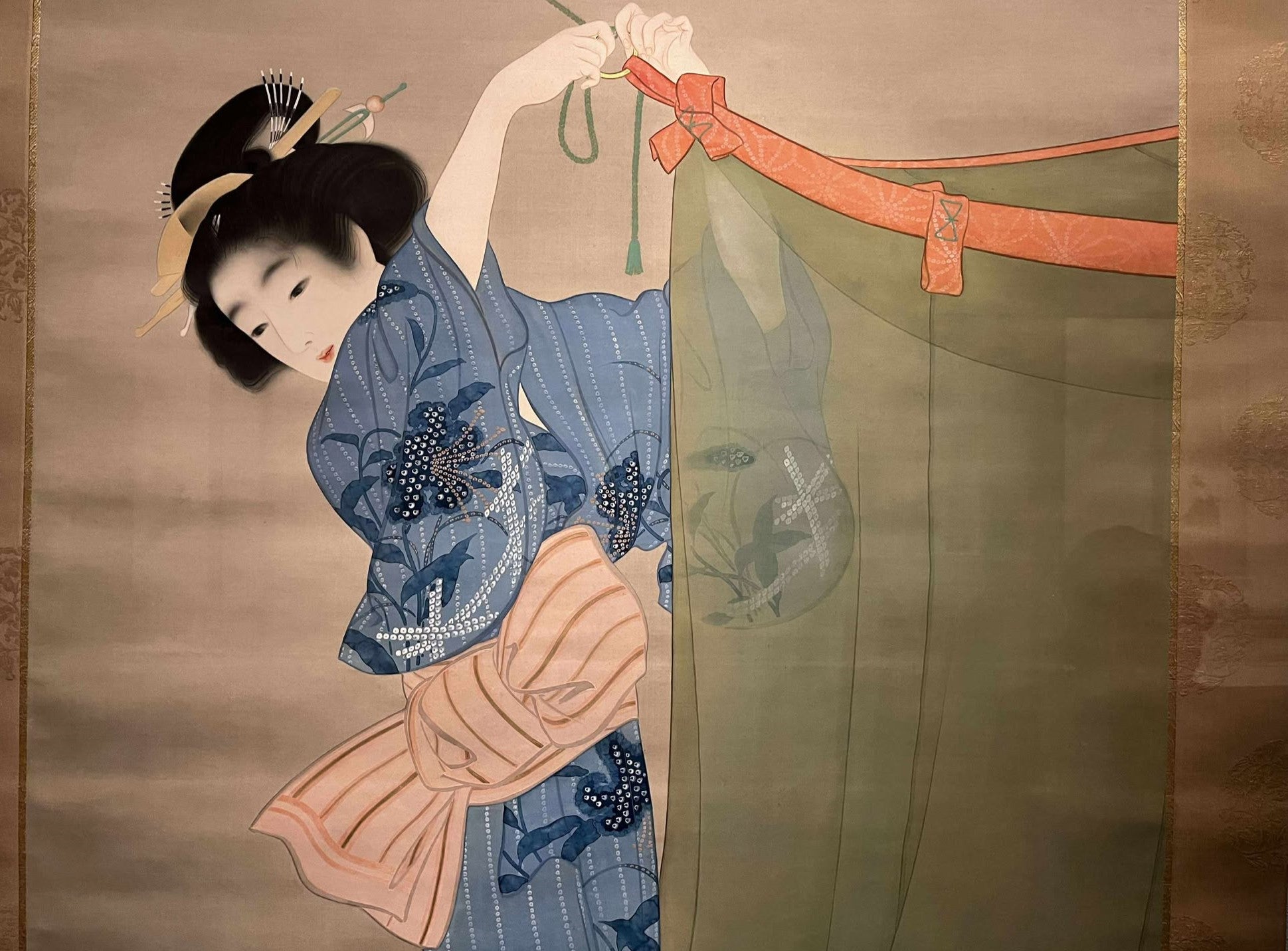 超お値下げ‼️上村松園？「傘」肉筆絹本額装