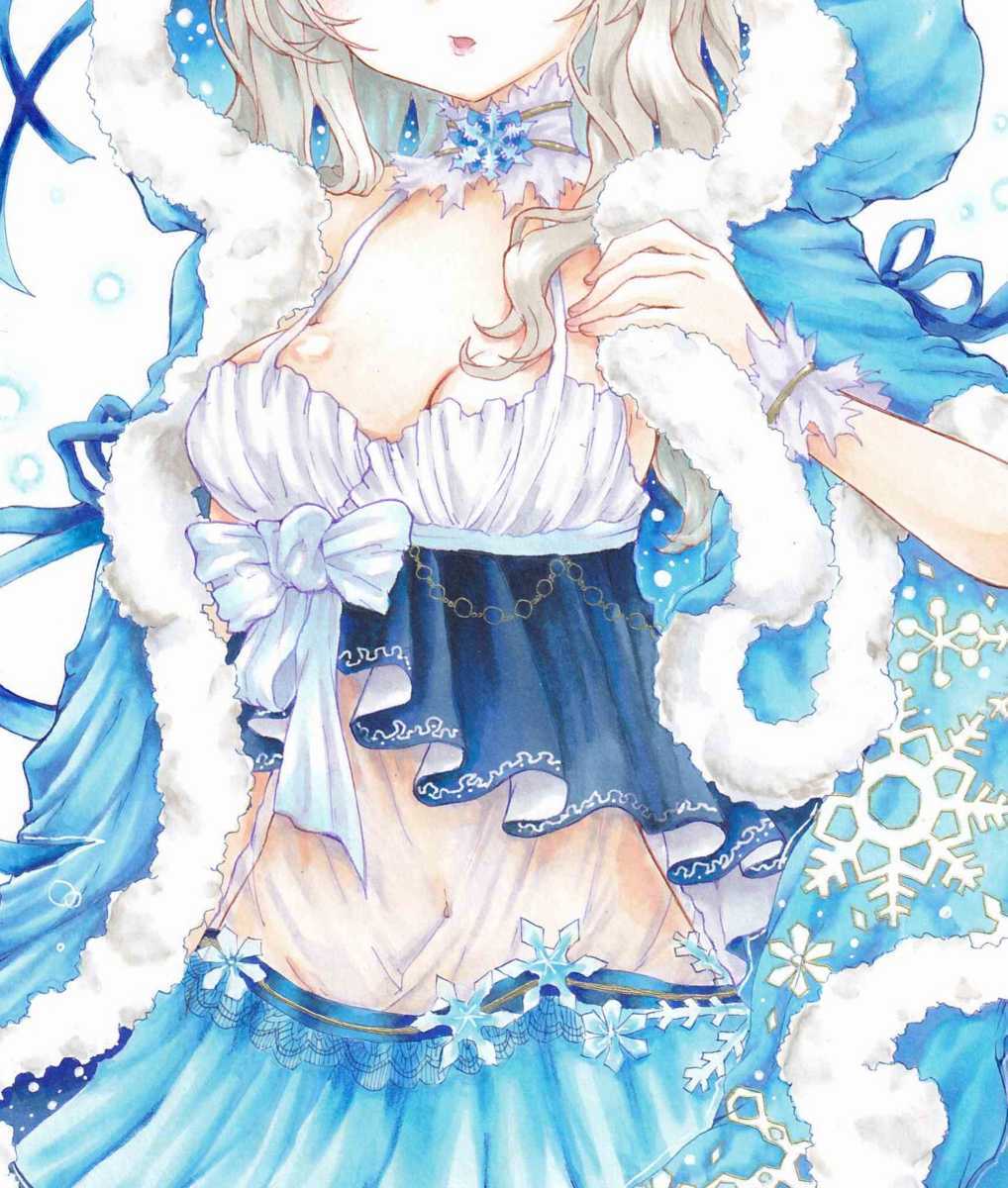 オリジナル手描きイラスト 女の子 雪 フード 青 氷 雪うさぎ