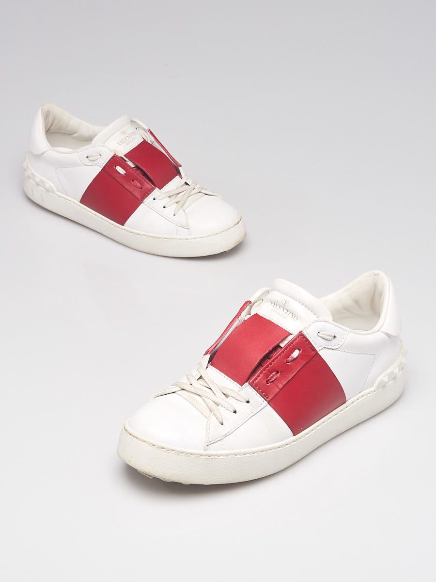 Valentino White/Red Leather Rockstud Low-Top Sneakers Size 8.5/39