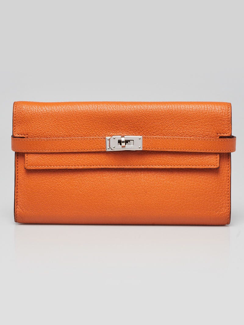 Hermes Orange Chevre Mysore Leather Palladium Plated Kelly Wallet