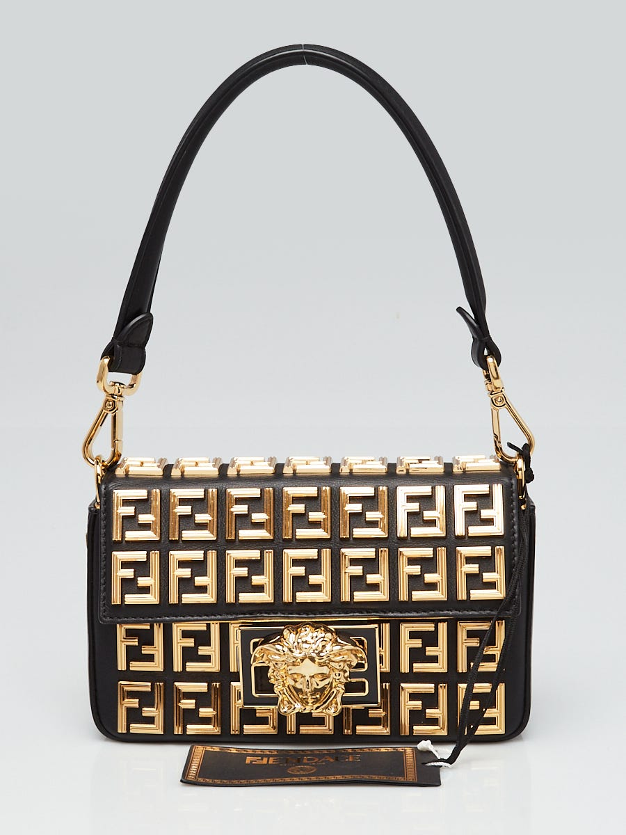 Fendi x Versace Black Leather FF Embellished Mini Baguette Bag