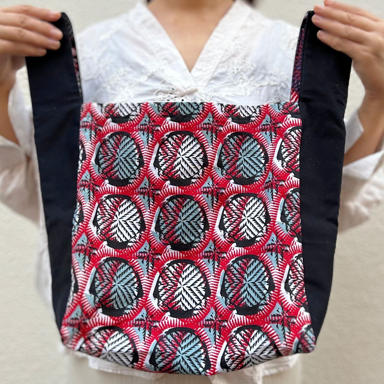 スクエアトートバッグ ネット スカイブルー レッド パープル x