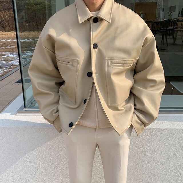 予約販売】レザージャケット 革ジャン メンズ 無地 シック ルーズ