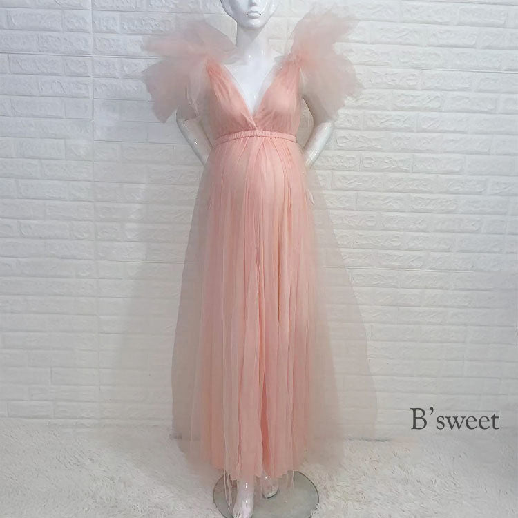 kd136qq】ボリュームスリーブチュールドレス／マタニティドレス