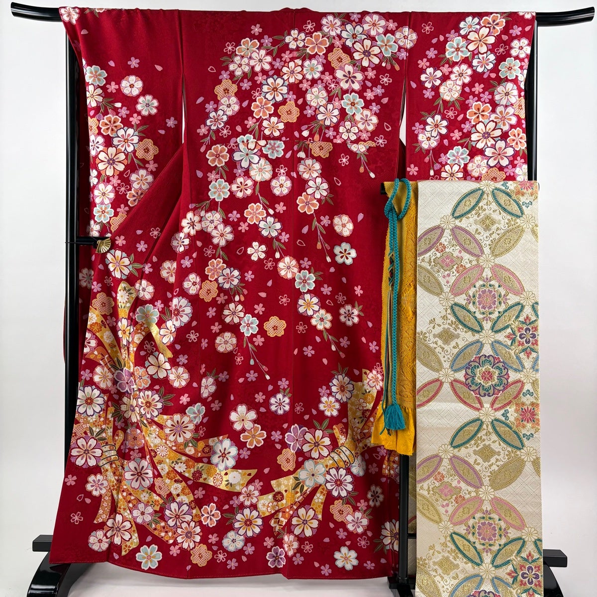 美品】 振袖 身丈164.5cm 裄丈67cm M 袷 袋帯フルセット 束ね熨斗 桜
