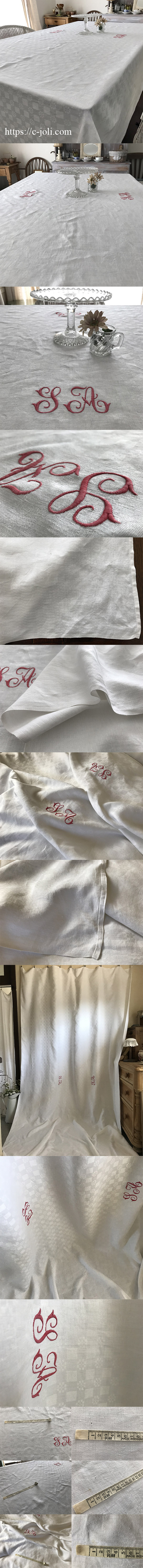 T2954 フランスアンティークリネン大判テーブルクロスSA 手刺繍