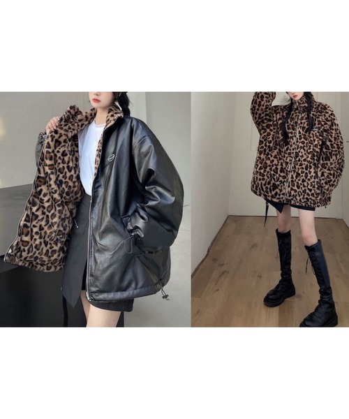 セール】ヒョウ柄リバーシブル フェイクレザー/ボアライダース