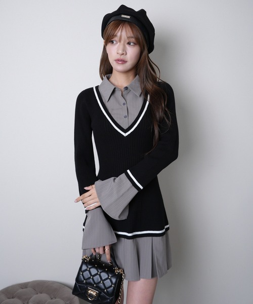 セール】シャツドッキングプリーツワンピース（ワンピース