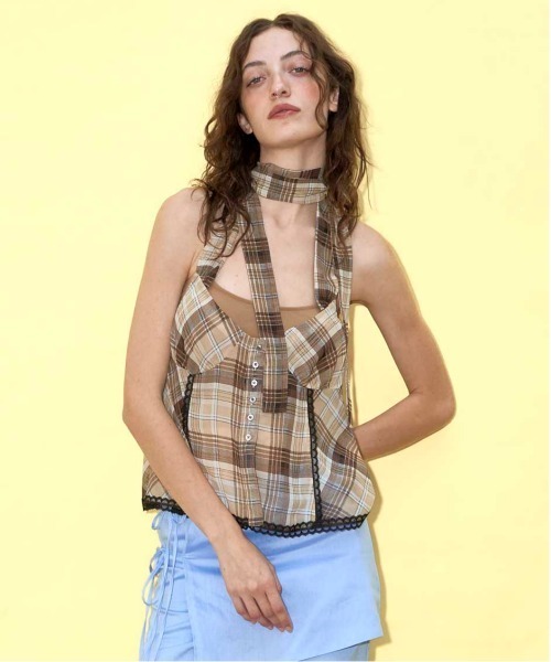 Plaid Halter Peplum Sheer Tops/チェックホルターペプラムシアー