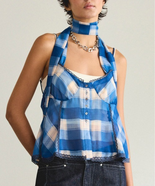Plaid Halter Peplum Sheer Tops/チェックホルターペプラムシアー