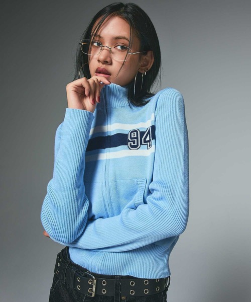 セール】NUMBERING JACQUARD ZIP UP KNIT TOP（ニット/セーター）｜X