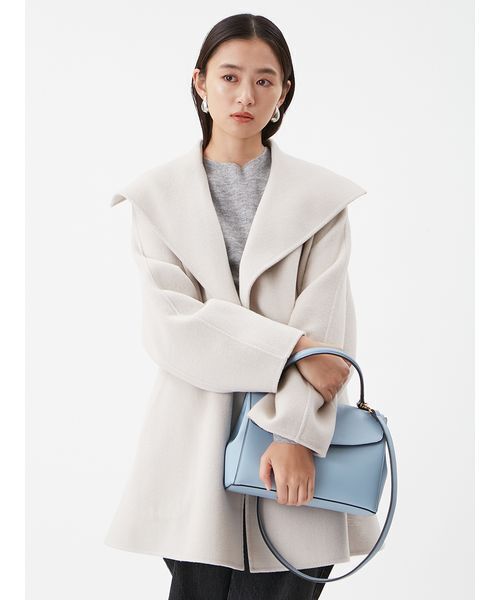 セール】共ベルト付きビックカラーミディ丈コート（ステンカラーコート