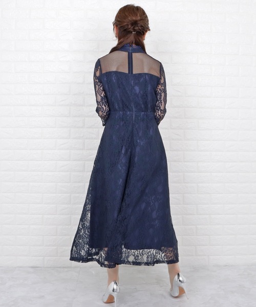 セール】ハイネック 七分袖 総レース ロング丈ワンピースドレス