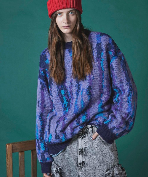 UNISEX》Airy Mohair Crazy Stripe Prime-Over Crew Neck Knit