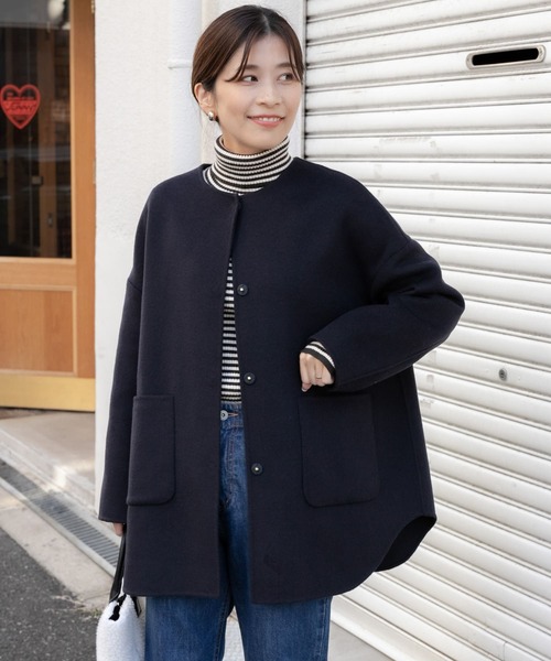 セール】ウールノーカラーミドルコート（ノーカラージャケット