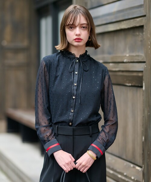 セール】【otonaMUSE11月号掲載/洗える】フィルムドットフリルネック